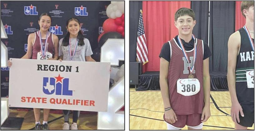 Hart High School is sending three to the UIL State Cross Country Championships. Above (left) senior America Flores (fourth place) and freshman Lexi Cisneros (ninth overall) qualified for state while freshman Avram Morales (10th overall). All will travel to Round Rock for the state championships Friday, Oct. 31.