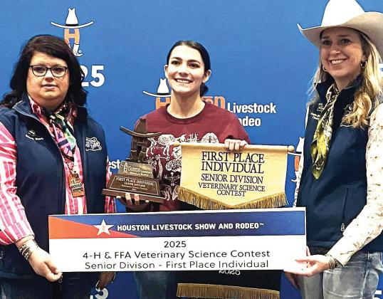 Nazareth FFA Gracie White won big at the Houston Livestock Show, competing in the Veterinary Science Contest. She earned the championship for individual high point. White has been a strong competitor in the event for the last two years. The Nazareth Veterinary Science team placed fifth overall at Houston, with other team members Michael Fulkerson and Beck Paulsen.