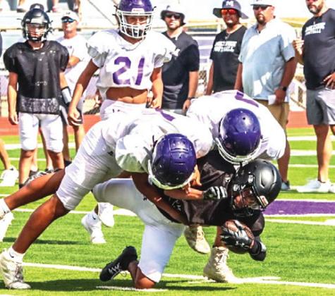 The Dimmitt Bobcats scrimmaged the Muleshoe Mules as they prepare for the upcoming 2024 season. The team has one more scrimmage at Plains High School on Aug. 22 then they are into the competition when they travel to Memphis on Aug. 30 for their first game. Five games will follow before conference games begin on Oct. 11. The 3A football alignment for Region 1 District 1 includes Dimmitt, Canadian, Childress, Friona and Tulia. (photos courtesy of DISD/Dimmitt Sports Media)