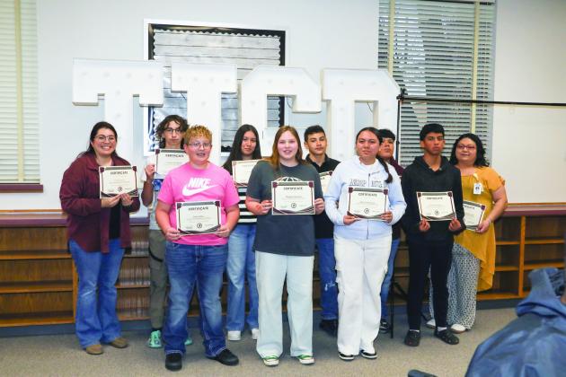 Tulia Junior High recognitions Back Row - Carolina Collins, Tucker Boudinot, Isa’Bella Cruz, Gerardo Y’Pina, Carlos Martinez, Merejilda Maldonado. Front Row - Trey Gore, Maylee Hanson, Amy Ceniceros, Camilo Reyes