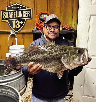 LIGHTNING STRIKES THRICE--Ross Gomez of Post landed 14.74-pound ShareLunker 685 January 22 — the exact same Legacy Class fish he had caught on two previous occasions. Gomez brought her in the first time as Share-Lunker 641 in 2023, then ShareLunker 674 in 2025 and now ShareLunker 685. He caught the bass in the same general location each time on Lake Alan Henry at Justiceburg.