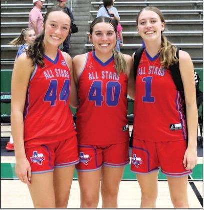 Nazareth’s Kambri Cleavinger played in the Texas Girls Coaches Association All-Star Game Friday, July 17. Left, Cleavinger (44) is pictured with Riley Segura (1) of Panhandle and Joie Read (40) of Dalhart. Top, right, Kambri receives the patch the players get for being an All-Star, with her coach right behind her. Also pictured is the Cleavinger’s team as well as Cleavinger playing in the contest. (Courtesy photos)