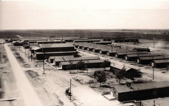 NORTHWEST PERSPECTIVE—A view to the northwest including the hospital structure at the Hereford POW camp.