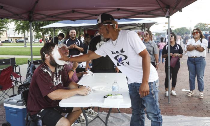 Tulia Athletic Booster Club Pie in the face with Coach Cordova and Coach Dutcher