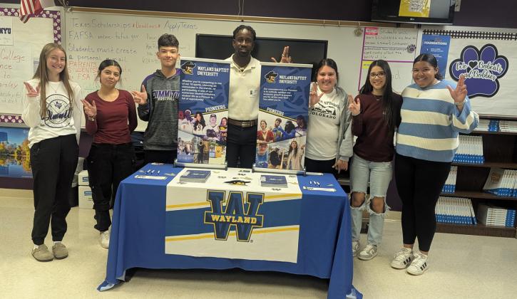 Tre Hinds from Wayland Baptist University visited with Dimmitt High School seniors and shared opportunities available at SBU.