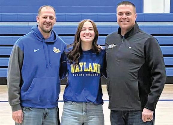 Following in the footsteps of other past Nazareth Swiftettes basketball players, Brooklyn Birkenfeld signed her Letter of Intent to become a Wayland Baptist Flying Queen this past Wednesday. She was joined by her family, teammates, NISD students, as well as Swiftettes Coach Eric Schilling and Flying Queen Coach Jason Cooper who has led the Wayland team since 2021. Birkenfeld was key team member of the Swiftettes drive to win state in 2022-23.