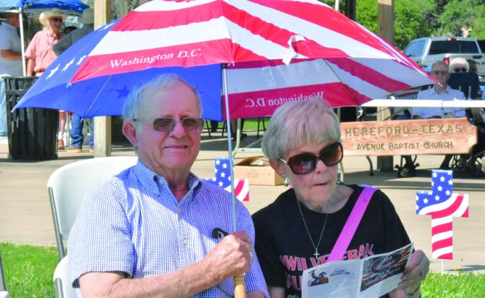 Roy and Shirley Carlson found patriotic colors of shade from the morning sun.