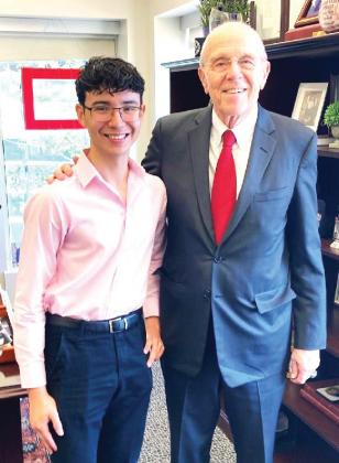 Pablo Perez visited with former Texas Tech Chancellor Kent Hance recently to discuss opportunities that the university can provide for students as well as the support that the system can foment success. Both Perez and Hance claim Dimmitt as their hometown. Perez recently graduated from Dimmitt High School last and plans to major in chemistry at TTU. Hance is a Dimmitt native who is the third and longest serving chancellor of the TTU system until his retirement in July 2014.