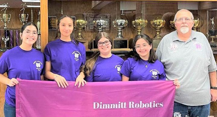 Dimmitt Robotics 15151 – Randall Robotics Meet - (left to right) Arianna Mendoza, Riley Ramos, Anistynn Birdwell and Coach Don Bell. Team 15151 went 4 and 1 and is in 20th place in District.