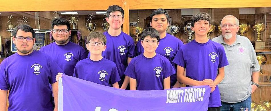 Dimmitt Robotics 13755 – Randall Robotics Meet - (front, left to right) Emilio Diaz, Luis Perez, Diego Duenes, Keenan Hernandez, (back row) Gabriel Garcia, Eric Duenas, Alex Hernandezand Coach Don Bell. Team 13775 went 3 and 2 and is 10th place in District.