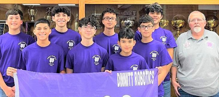 Dimmitt Robotics 12398 – Randall Robotics Meet - (front,left to right) Baylor Navarro, Pablo Perez, Yandel Sanchez, Brandon Sanchez, (back row) Rudy Fuentes, Enrique Holguin, Cesar Navarro, Daniel Duenesand Coach Don Bell. Team 12398 went 3 and 2 and is sitting in 11th place in District.