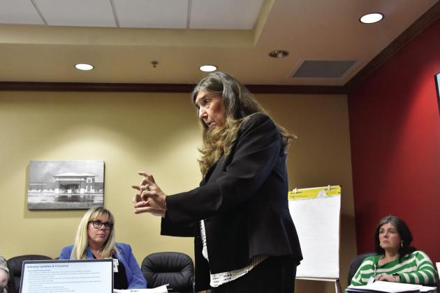 LAYING THE FACTS ON--Debra Whitley and Crista Worley of Forvis Mazars auditors discusses facts relative to the year-end financial audit for 2025 at the February 19 meeting of the Deaf Smith County Hospital District board as hospital CEO Candice Smith and Administrative Assistant Jodi Jordan look on. Whitley was effusive in her praise of CEO Candice Smith in pursuing a refund owed to the Hospital District by the state. (Photo by Jim Steiert))