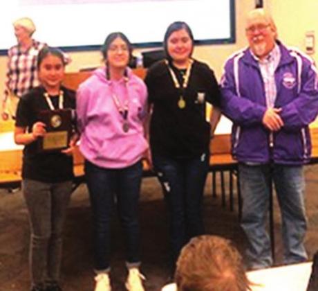 DMS Robotics - Maria Lopez, Ariana Mendoza and Kenzie Phan placed first in the Advanced Inventions category with their filtration invention. Gene Penney is their instructor/mentor.