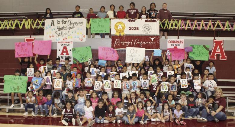 Hart Junior High and Hart Elementary students recently gathered for a group photo in celebration of Hart ISD receiving an 'A' in the state accountability overview. Students were treated to delicious cupcakes and refreshing drinks as a sweet reward for their hard work.