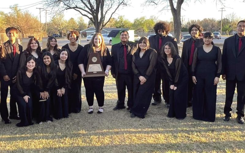 For the first time in Hereford High School history, the Varsity Choir earned UIL Sweepstakes at the annual UIL Concert and Sight Reading Evaluation held Thursday at St. Paul’s Methodist Church in Amarillo. The group is directed by HISD’s Codi Pesina (pictured left and above holding the sweepstakes trophy).