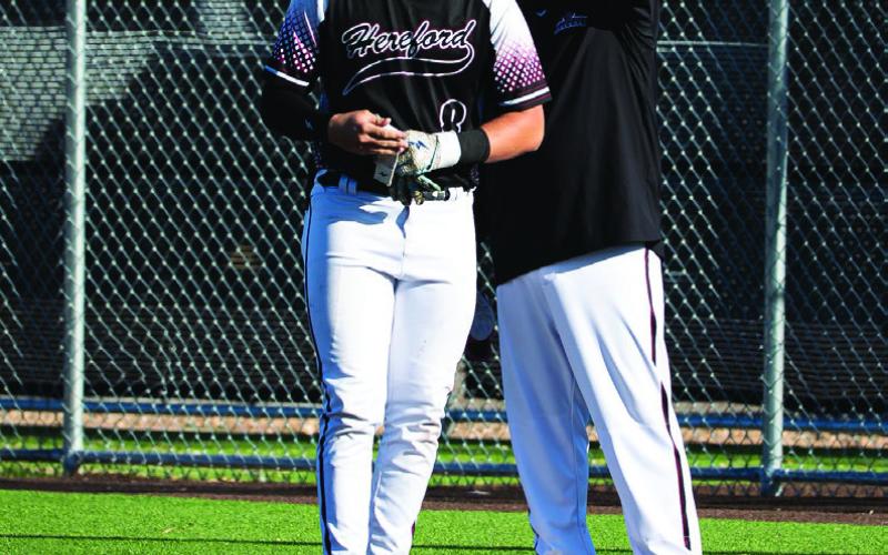 The Hereford Whitefaces (3-1 in district) are in a 3-way tie for first place in district play after topping Randall 5-3 Tuesday. The Whitefaces hosted Dumas Friday and play at Canyon Tuesday at 5 p.m. Ethan Subealdea (16) is pictured pitching in the top photo while Gavin Hill (8) is shown at first base (right). Parker Shertz (above) swings for the fences in a game this season. (Adam Peña photos)