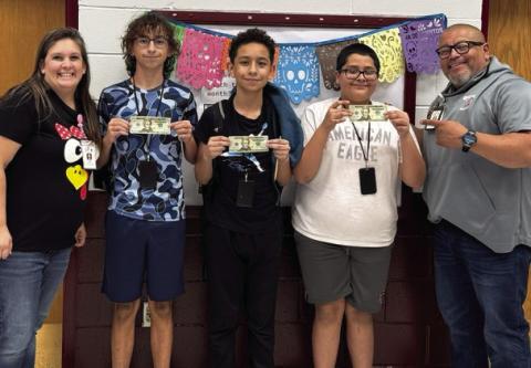 Winners of the Perfect Attendance Drawing for students who had perfect attendance for the six weeks were 8th grader Tucker Boudinot, 7th grader Brayan Mendoza, and 6th grader Efrain Rosales! Pictured with the attendance winners are Attendance Clerk Jamie Klein and Assistant Principal Robert