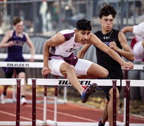 Two Hereford Whitefaces have advanced to the UIL State Track and Field Championships Thursday, May 14 in Austin. Izak Dominguez (left) won the 110-meter hurdles event with a time of 13.87 seconds at the Regional Track Meet in Lubbock setting a Region I-4A record. Brix Machen (below) cleared a height of 6-feet, 8-inches to win second place at the Region Meet and qualify for state.