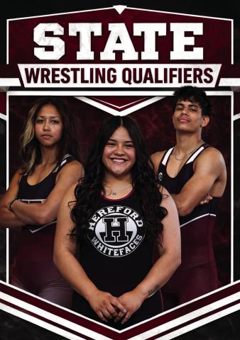 Three Hereford Wrestlers are heading to state. Hereford State Qualifiers include: Qalatre Garcia-First Place Val Porter-Second Place Janielle Hill-Fourth Place The Wrestlers will compete in Houston at the State Meet on Feb. 13-14 Go Herd!