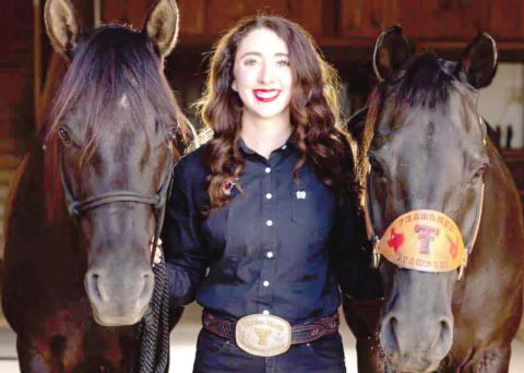 Texas Tech University 2022-23 Masked Rider Caroline Hobbs with the new horse, Buzz, and retiring Fearless Champion.