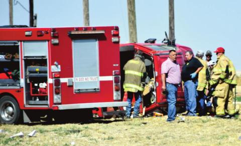 (Photo above) The Sheriff’s Office, DPS, EMS and Dimmitt VFD at the scene of a pickup accident on FM 145.