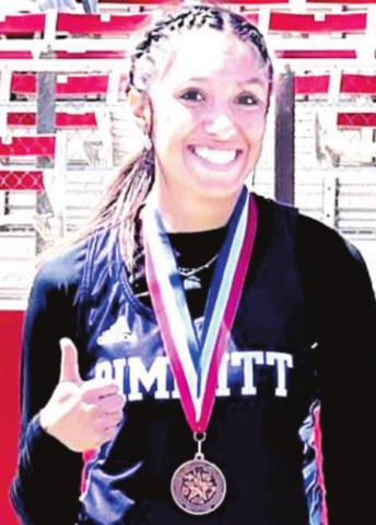 (Above) DHS senior Kaylee Lujan earned a ticket to the Regional track meet after placing third in the 200-meter dash. In addition to being a qualifier, Lujan also broke the DHS 200- meter school record at Area with a time of 26.25. The previous record was set in 1985 by S. Killingsworth with a time of 26.98. Lujan will be heading to the US Air Force upon graduation.