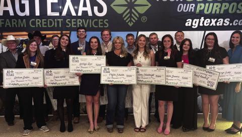 Front row, from left: Reggie Underwood (AgTexas Chairman of the Board), Addison Butler, Gracie White, Addilyn Reed, Payton Schuster, Kinley Shieldknight, Brandis Beavers, Brynnley Ensey, Cambryn Gratz, and Kayla Robinson, AgTexas CEO; (back row, from left) Hugh Britten, Ethan Spinhirne, Rett Wann, Jackson Sinclair, Samuel Weineimer, Johan Grotegut and Josef Grotegut.