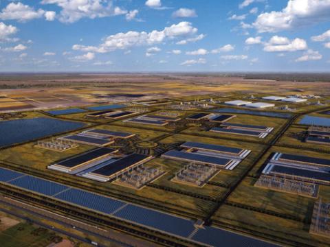 IMAGINED FERMI CAMPUS--This artist rendering shows how developers imagine the data center campus of the Fermi Project, also known as Project Matador, could evolve mostly in Carson County to the east of Amarillo. Tax abatements and a water deal have been proffered for the project, although emergency water needs in the event of a problem with proposed nuclear reactors could overwhelm the available water supply.