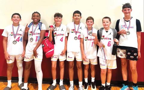 Premier League EOS Tournament Champs. Seven boys finished off the Spring Premier League winning the tournament championship game 55-41, even while missing several players, they played phenomenally. (left to right) Davin Franco, Brownfield, Jayvon Sholars, Lubbock, Jager Thiessen, Lubbock, Edgar Perez, Dimmitt, Asher Elle, Southland, Owen Urrutia, Lubbock, and Paxton Fleischman, Lubbock, Maddox Waldrip, Abernathy, Jaxon Solis, Lubbock, and Eli Ikemba, Lubbock.