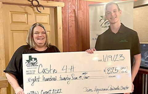 Texas AgriLife Extension agent Felice Acker and Texas 4-H STEM Ambassador Spencer Acker accepted a generous grant from the Texas AgriWomen Panhandle Chapter on behalf of the Castro County 4-H Club. The $825 grant will be used for the 4-H Youth rocketry program this spring and summer (watch for sign up) Felice Acker said the support of Texas AgriWomen and their donors to the program and to others across the Texas Panhandle is appreciated.