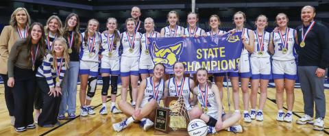 Swiftettes team members Kambri Cleavinger, Maddie Brockman, Emerson Moore (All-State), Brookyn Birkenfeld (MVP All-State), Taylor Wethington, Lexi Ramaekers, Jolee Pigg (All-State), McKinley Moore, Addie Schulte, Brynli Schilling, Callen Hockstein, Kyndrey Branum and Kelsie Gunter. Head Coach Eric Schilling and assistant coaches Whitney Bryan and Nathan Branum.