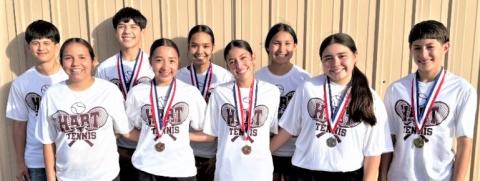 The Hart Junior High tennis team competed at the District 4-1A meet. Dael Longoria and Elizabeth Carrasco placed 3rd in mixed doubles. In girls’ doubles, Yalexii Cisneros and Mia Longoria placed 3rd, and Sadie Carrasco and Camila Perez placed 4th. Savannah Corrales placed 2nd in girl’s singles, and Avram Morales is the boy’s singles champion.