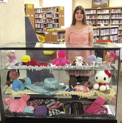 Displayer for the month of May is Hailey Cosden, one of our favorite volunteers. She is exhibiting a wide array of items she has cre ated through knitting and crocheting.