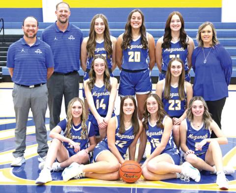 2024-25 Nazareth Swiftettes Basketball - (front, left to right) Jolee Pigg, Addie Schulte, Madison Brockman, Kelsie Gunter, (center row) Kambri Cleavinger and Taylor Wethington(back row) Coach Nathan Branum, Coach Eric Schilling, Lexi Ramaekers, Emerson Moore, Brooklyn Birkenfeld, Coach Whitney Bryan