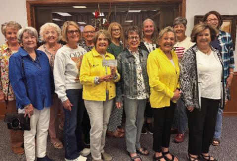 Progressive Study Club presented a check to the Kress Fire Department from the Christmas Card Fund. Pictured are (back row) Cheryl Swinburn, Glenna Crooks, Jeanne Todd, Nancy Montague, Emily Keese, Ka Wilfong, Celeste Howard, (front row) Sheran Childress, Tangy Garrison, Jan Irlbeck, Sherry Malone, Marilyn Foster, and Judy McDaniel.