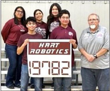 The Hart Robotics team participated in their first competition of the season in Vernon this past weekend. The team placed 11th out of 29 teams. (front row, left to right) Diego Longoria, Rito Rodriguez, Robotics coach, Don Bell, (back row) Carolina Cardoza, America Cardoza and Leslie Dominguez.