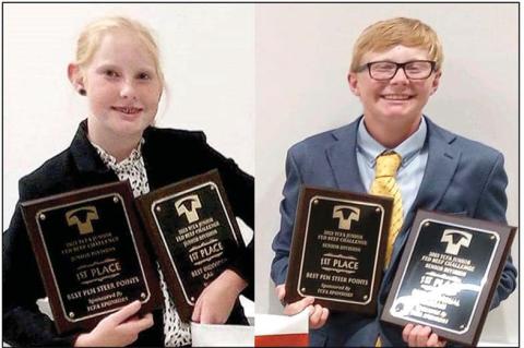 Nazareth FFA members Kennedy and Pierce Wilhelm competed in the Texas Cattle Feeders Association Junior Fed Beef Challenge on July 28 and picked up four first places in their events and divisions. The contest was held at WTAMU Paul Engler College of Agriculture and Natural Sciences. he objective of the Junior Fed Beef Challenge is to encourage young people to gain practical experience in feeding commercial beef cattle. This program stresses the importance of proper animal husbandry and financial management.