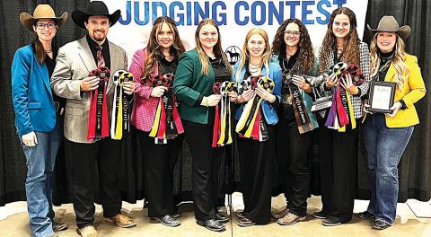 West Texas A&amp;M University’s Horse Judging team placed third at the Nov. 10 American Quarter Horse Association World Show in Oklahoma City. Pictured are, from left, assistant coach Lyndi Starr, Zachary Rich, Andrea Byrd, Katelynn Horn, Karlee Frank, Chloe Hamaker, Aislin McStay and coach Dr. Christy Petry-Adams.