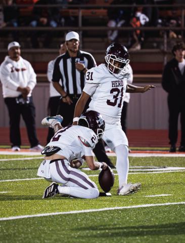 Pedro Garcia attempts a kick for Hereford during the 2025 football season. (Courtesy photo)