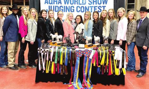 Members of West Texas A&amp;M University's horse judging team include, from left, Baily Summers (assistant coach), Grant "Sal" Washington, Kami Woodard, Grace Wolfington, Lauren Heine, Sheyanne Pruett, Sierra Stammen, Sydney Nilles, Hannah McLochlin, Makenzie Knipe, Shanna Marquart, Quinn Dunham, Lauryn Harris, Calli Montague, Maggie Murphy (coach) and Dr. John Pipkin (head coach).