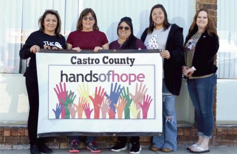 Castro County Hands of Hope board members Martha Ibarra, secretary/treasurer, Janet Sammann, vice president, Teresa Fuentes, Tori Jurado, and Kristina Holcomb, president, prepare to move into the new location at 113 W. Bedford with a start-up date of Nov. 17. City of Dimmitt Mayor Roger Malone and City Manager Daniel Jackson offered the city-owned location to house the organization.