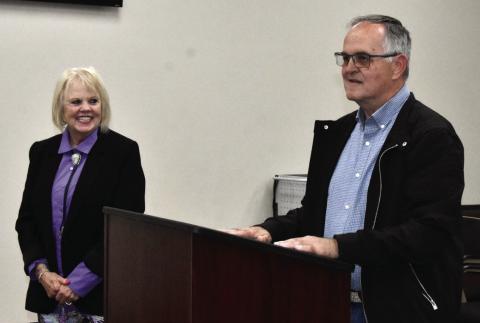 HE'D MAKE A GOOD ONE--At the April 20 City Commission meeting, Interim Municipal Court Judge Cindy Simons presented Kirk Spain as a potential Municipal Court Judge candidate, explaining that he had previously worked in Adult Probation for 21 years, also served as a patrol officer with the Hereford Police department for over five years, and served as a volunteer firefighter for 16 years. (Photo by Jim Steiert)