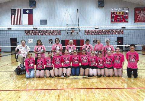Fort Elliott was privileged to recognize community breast cancer survivors between volleyball games. Back row (Survivors): Teresa Rose, Donna Pigg, Charlene Heronama, Saretta Heard, Mandy Brown, Mindy Duncan, and Gina Seitz. Front Row: Slayde Rose, Tatum Pigg, Rylee Rose, Jaylie Dickey, Aliyah McCarter, Jaycee Sewell, Ali Mahler, Brylie Hand, McCauley Jernigan, Kennedee Sullivan, Jayla Dickey, Tazlan Brown (Courtesy Photo)