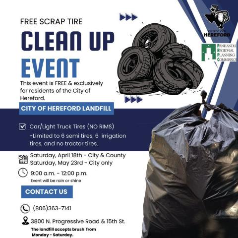 This week’s Deaf Smith County Chamber of Commerce Member Spotlight is on the City of Hereford. Today there is a Free Scrap Tire Clean-Up Event. City and County residents are invited to take advantage of this opportunity to properly dispose of old tires at no cost.