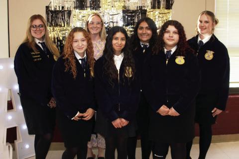 The 2026-2027officer team with Ms. Luedtke - Bailey Acker, Alezah Flores, Ms. Luedtke, Yoslaydy Briones, Mattalee Alvarez, Evelynn Garcia, and Skilee Cargill