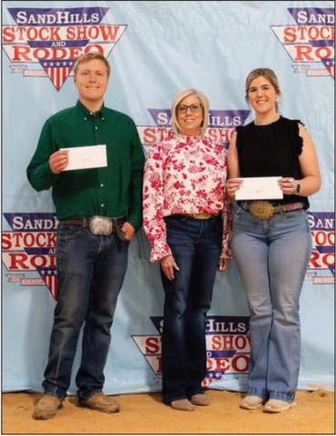 SANDHILLS SCHOLAR--Josef Grotegut, left, a Hereford High School senior, was awarded a scholarship from the SandHills Stock Show during the Jan 1011 weekend. It was the last Odessa show for the veteran young lamb and breeding sheep showman, who expressed his thanks to the SandHills Stock Show and Rodeo for investing in his future.