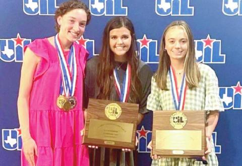 Nazareth students Chole Birkenfeld, Bliss Betzen, and Kelsie Gunter competed at the 2022 State UIL Meet in journalism. The team won state and Gunter was honored with the Tops of Texas award, best of 1A through 6A champions.
