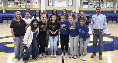 Nazareth’s Madison Brockman was presented her award for being named the 1A Greater Texas Ford Dealers Female Athlete of the Month for February. She was honored for the role she played in leading the Swiftettes to their 27th State Championship. Above, the team is pictured with Whiteface Ford ‘s Jon Galland.