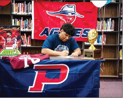 Last week, Hereford’s own R.J. Estrada officially signed to continue his football and academic career at Oklahoma Panhandle State University. RJ’s dedication, hard work, and commitment on and off the field have earned him the opportunity to play at the next level while pursuing his education. (Courtesy photo)