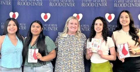 HOSA’s Social Media Ambassadors, Celeste Moya, Gabby Loeza, Leslie Saenz, and Tania Hernandez earned their Red &amp; Red, White and Blue Honor Cords. Coffee Memorial Blood Center recognized them for their blood drive donations and their volunteer hours.